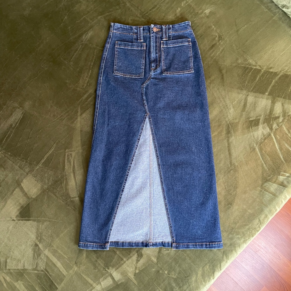 Stagecoach ready!!! Denim Midi Skirt with High Slit & Asymmetrical Design